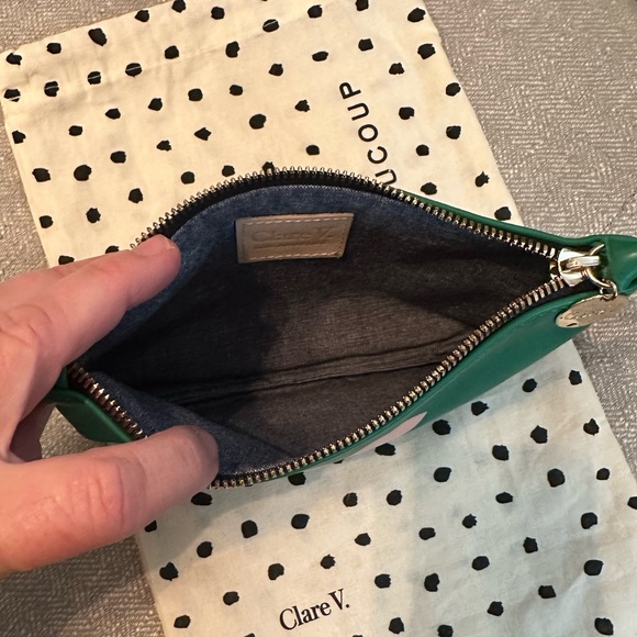 Clare V Emerald Green Wallet Clutch with Blush Lips, Monogrammed MV - Picture 7 of 9